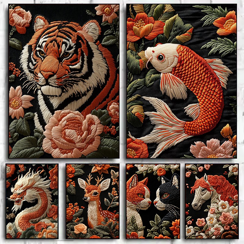 Interior Design Drawing - Embroidery Style Art Animals Poster Floral