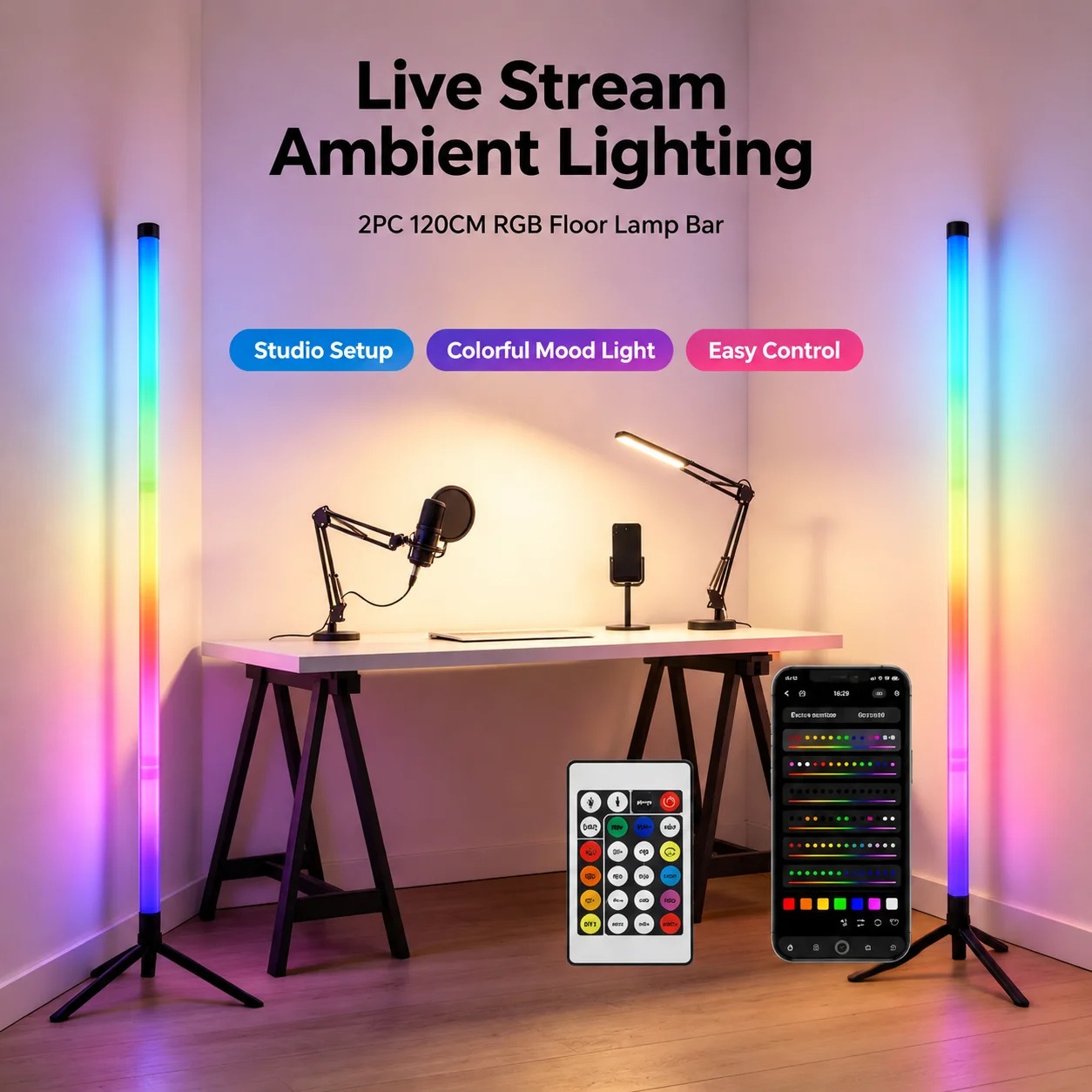 2PCS 120CM RGB Floor Lamp, Sou - Interior Design Room ulasan dan harga